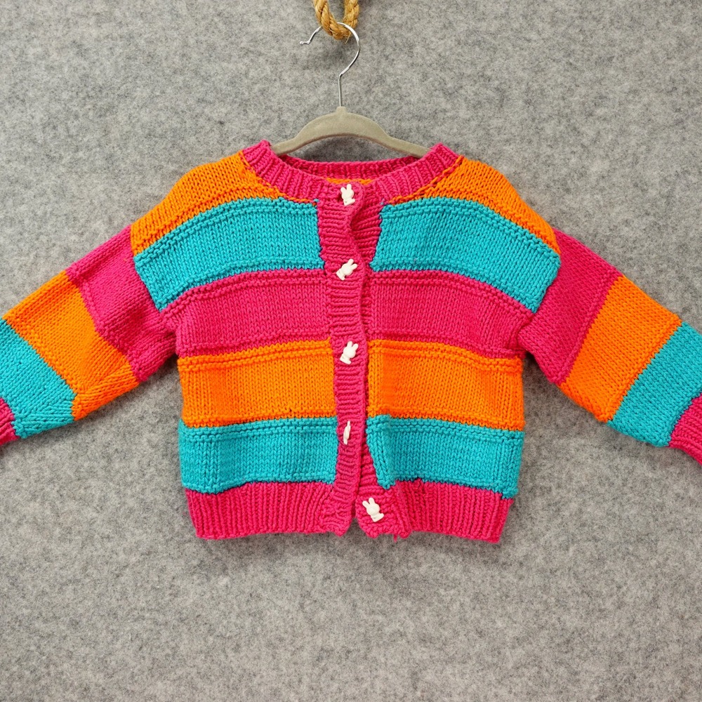 Girls Cardigan Knit Sweater 3T Pink Rainbow Kidcore Playful Cottagecore Bunny